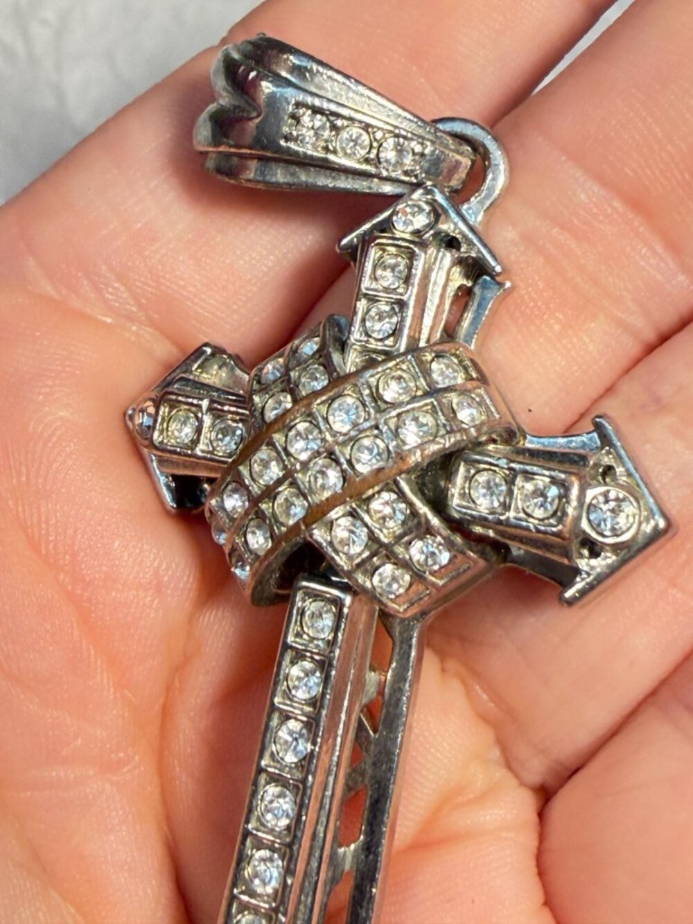 3D Rhinestone Cross Pendant Silver Tone Large Statement Religious Charm 3 inches - Picture 6 of 9